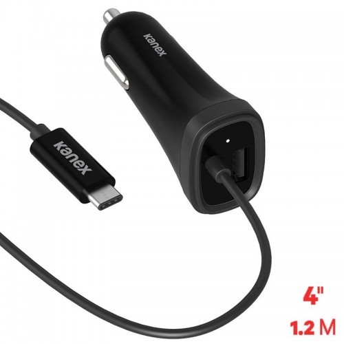 Kanex USB-C Car Charger - Ładowarka samochodowa z kablem USB-C, 3 A, 1.2 m + USB Port 1 A (Black) K181-1052-BK4F