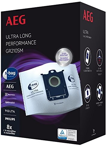 AEG GR210SM s-bag Ultra Long Performance worki do odkurzacza MegaPack (8 szt. 1 filtr silnika, 1 mikrofiltr, optymalna filtracja i moc ssania, zamknięcie higieniczne, 5 litrów, biały) GR210SM