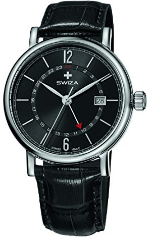 Swiza SWIZA Zegarek Alza GMT, Swiss Made mechanizm kwarcowy, obudowa stal szlachetna 316L, druga strefa czasowa, czarny pasek luksusowy, wielokolorowy, jeden rozmiar WAT.0142.1003