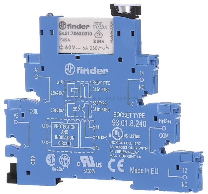 Finder Przekaźnikowy moduł sprzęgający 38.51.8.240.0060 Moduł sprzęgający, przełączny 1CO (SPDT) 6 A AgNi 220240 V AC 38.51.8.240.0060 38.51.8.240.0060