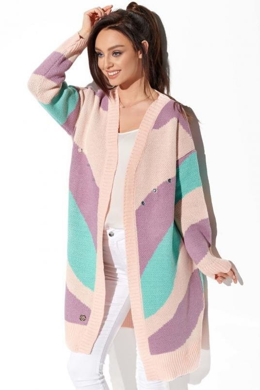 SukienkiShop Oversizowy sweter kardigan z kolorowymi paskami - SukienkiShop