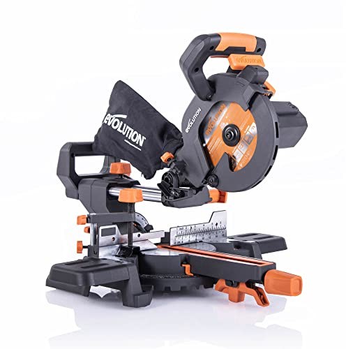 Evolution Power Tools (R185SMS+) 185 mm piła ukośna z uniwersalnym cięciem - faza 45°, skok 50° - prowadnica laserowa - z uniwersalnym arkuszem 047-0003A