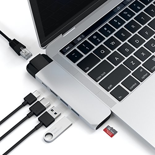 SATECHI Satechi Typ C Pro adapter koncentratora z Ethernetem: wyjście wideo 4K HDMI, USB-C PD, Gigabit Ethernet, USB 3.0 i gniazda kart MicroSD/SD do 2016/2017/2018 MacBook Pro 13 i 15 cali, srebro ST-TCPHES