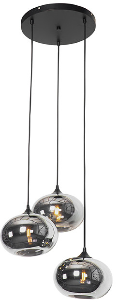 QAZQA Art deco hanglamp zwart met smoke glas rond 3-lichts - Busa 104347