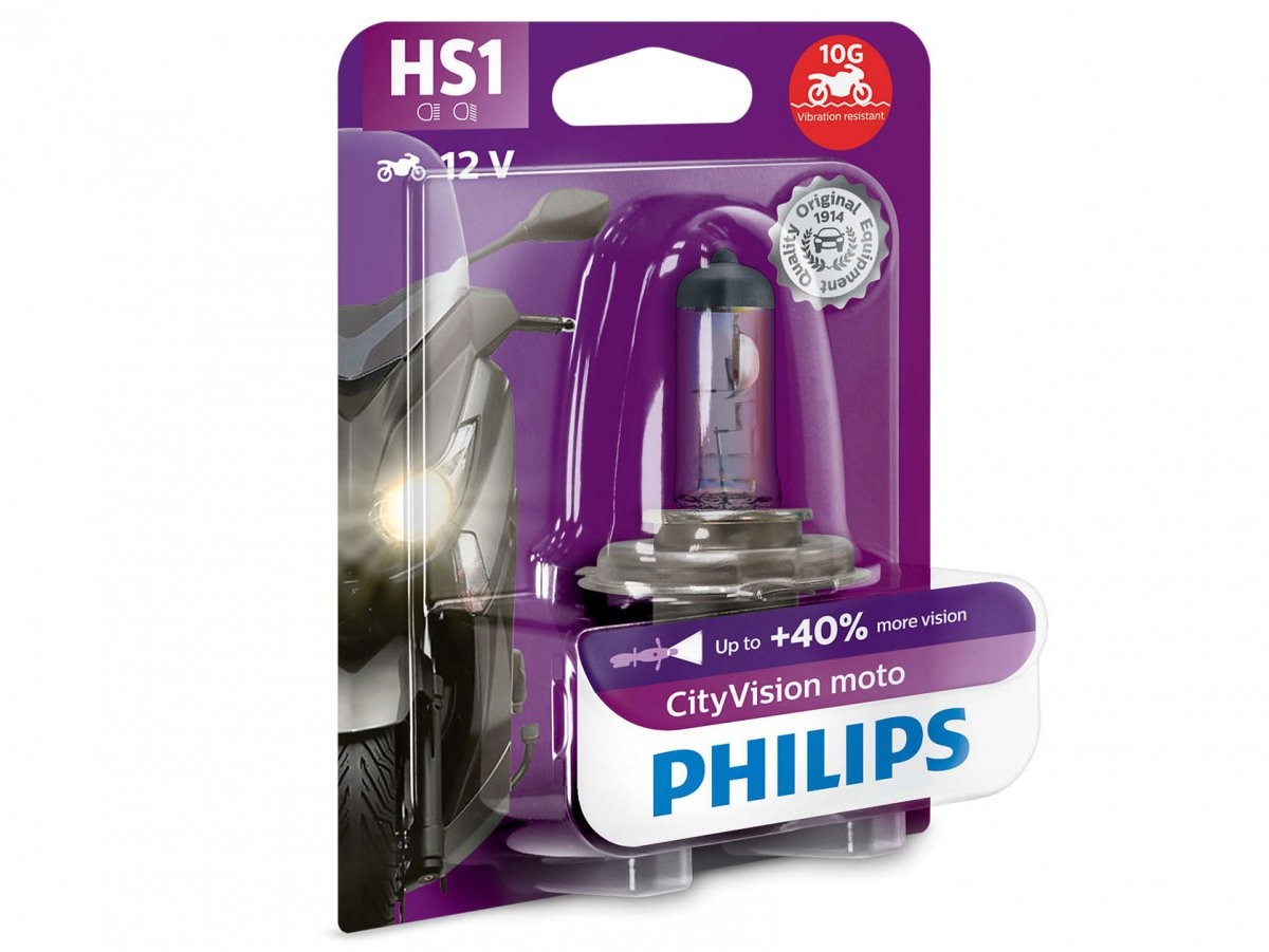 Philips Żarówka motocyklowa CityVision Moto HS1 12V 35/35W (+40% więcej światła, pomarańczowy efekt w reflektorze) 12636CTVBW