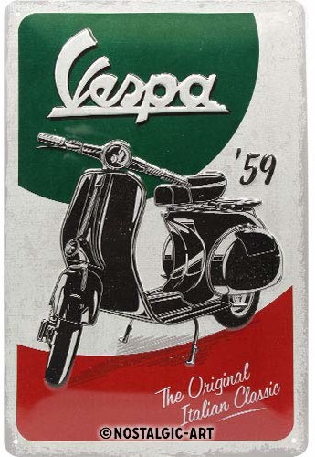Art Nostalgic 22283 - Vespa - The Italian Classic, blaszana tabliczka retro, tabliczka w stylu vintage, dekoracja ścienna, metal, 20x30 cm 22283