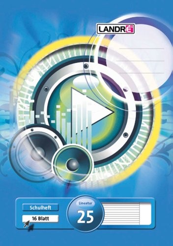 Landré Landre 100050039 zeszyt 16-kartkowy A4, w linie, numer rodzaju linii 25 (z marginesem), gramatura 80 g/m, cienki, bezdrzewny papier do pisania, zestaw 10 sztuk, 3 wzory okładek 100050039