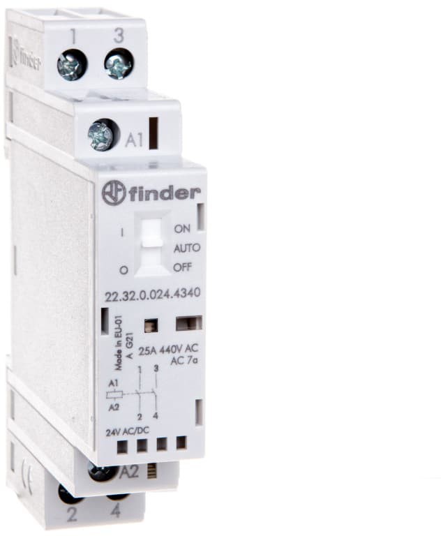 Finder Stycznik modułowy 2Z 25A 24V AC/DC funkcja Auto-On-Off wskaźnik zadziałaniua + LED 17,5mm 22.32.0.024.4340 22.32.0.024.4340