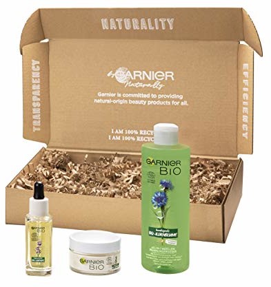 Garnier Bio Naturkosmetik zestaw do pielęgnacji twarzy  3-częściowy zestaw prezentowy, ekologiczny olejek lawendowy, olejek do twarzy i krem przeciwzmarszczkowy, bio-chęsta woda micelarna
