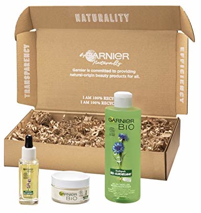 Garnier Bio Naturkosmetik zestaw do pielęgnacji twarzy 3-częściowy zestaw prezentowy, ekologiczny olejek lawendowy, olejek do twarzy i krem przeciwzmarszczkowy, bio-chęsta woda micelarna