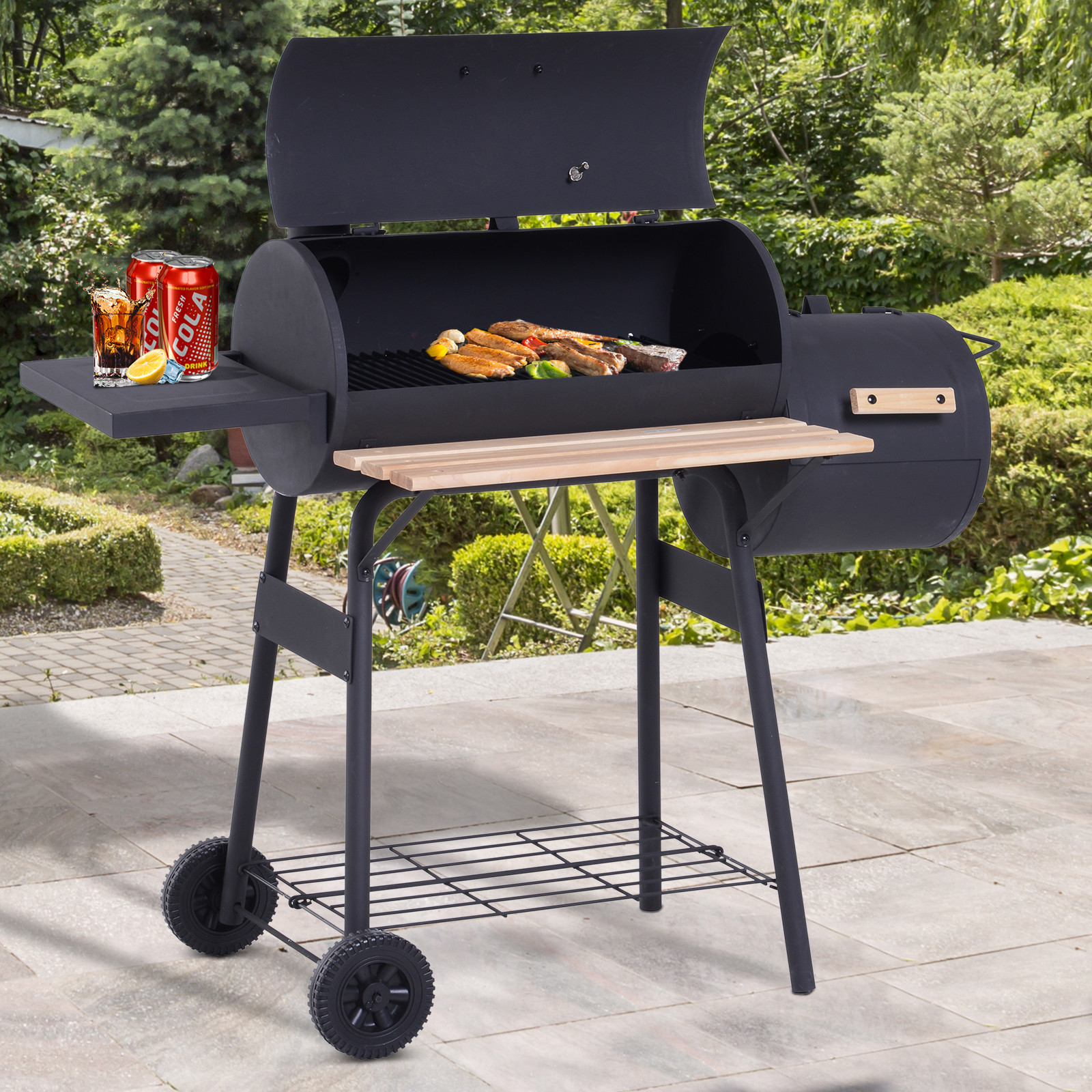 BBQ SMOKER GRILL GRILL WĘGLOWY KÓŁKA 2 X KOMORY GRZEWCZE KOMIN czarny 124 x 53 x 108 cm