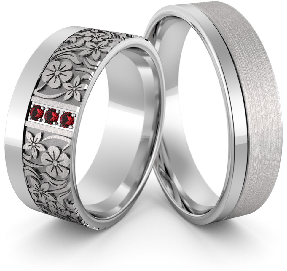 Eminence Obrączka srebrna z kwiatkami i rubinami - wzór Ag-474 Ag-474-3
