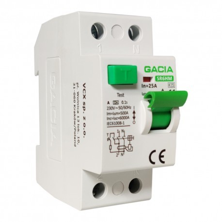 LEGRAND GACIA 25A 2P 30mA 6kA typ A różnicowoprądowy SR6HM 2P 25A 30mA GACIA 6958 SR6HM 2P 25A 30MA A