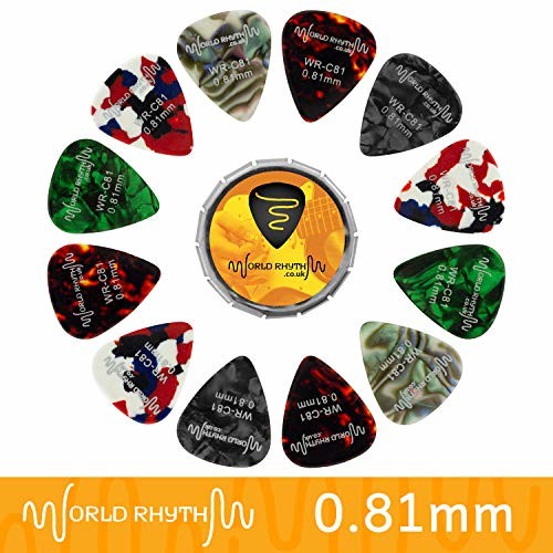World Rhythm World Rhythm Kostki do gitary 0,81 mm - 12 celuloidowych plektron do gitary i puszka do przechowywania - różne kolory/wzory WR-C81