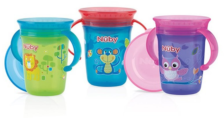 Nuby Kubek 360° dekorowany 240 ml z uchwytami i nakładką ochronną MIX NV0414001