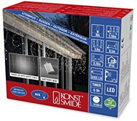 Konstsmide 3739-802, kurtyna świetlna LED z czujnikiem światła i timerem 6 h i 9 h, 80 diod w kolorze bursztynowym, zasilanie bateryjne, 4 x D 1,5 V (bez ), na zewnątrz (IP44), biały kabel 3739-802