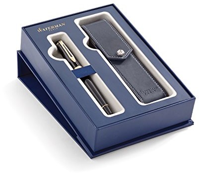 Waterman 2019844 Expert fountain Pen w kolorze czarnym ze złotym części, średnie końcówka długopisu i ozdobne etui ze skóry, zestaw upominkowy 2019844
