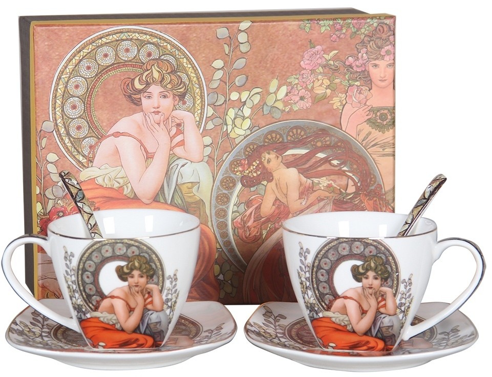 Zestaw prezentowy porcelanowej filiżanki z talerzykiem i łyżeczką Alfons Mucha, 2 szt.