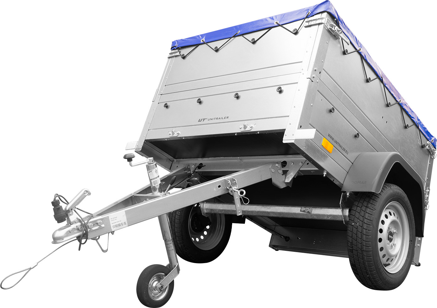 UNITRAILER Przyczepa GARDEN TRAILER 150 KIPP (NEW) z kołem podporowym, burtami bis i niebieskim pokrowcem płaskim UT004236