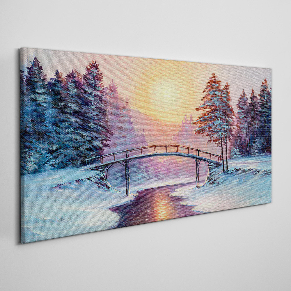 PL Coloray Obraz Canvas Malarstwo Zima Drzewa Most 100x50cm