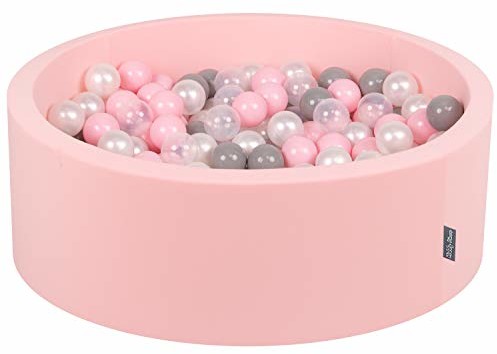 KiddyMoon basen z piłkami 90 x 30 cm, 200 piłek,  7 cm, basen z kolorowymi piłkami, dla dziewczynki, niemowląt, dzieci, okrągły, jasnoróżowy: perły/szary/przezroczysty/różowy