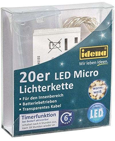 Idena Łańcuch z 20 minidiodami LED,  31118, timer 6 h, plastik, kolor biały, 22 x 8,5 x 2,3 cm 31118