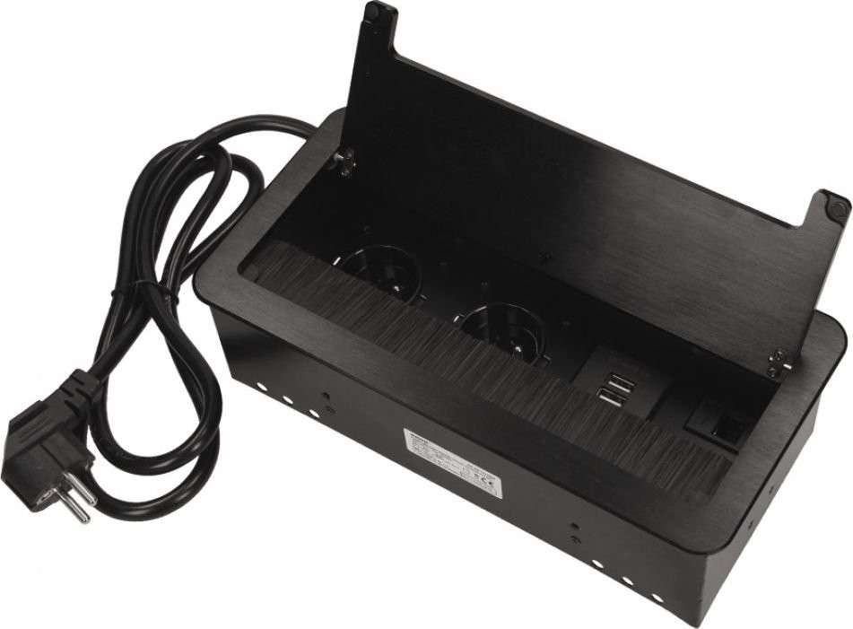 Orno Gniazda wpuszczane w blat z płaskim frezowanym rantem, szczotką przeciwkurzową, ładowarką USB i przewodem 1, 5m, 2x2P+Z, 2xUSB, 2xNET, czarne OR-AE-13125/B
