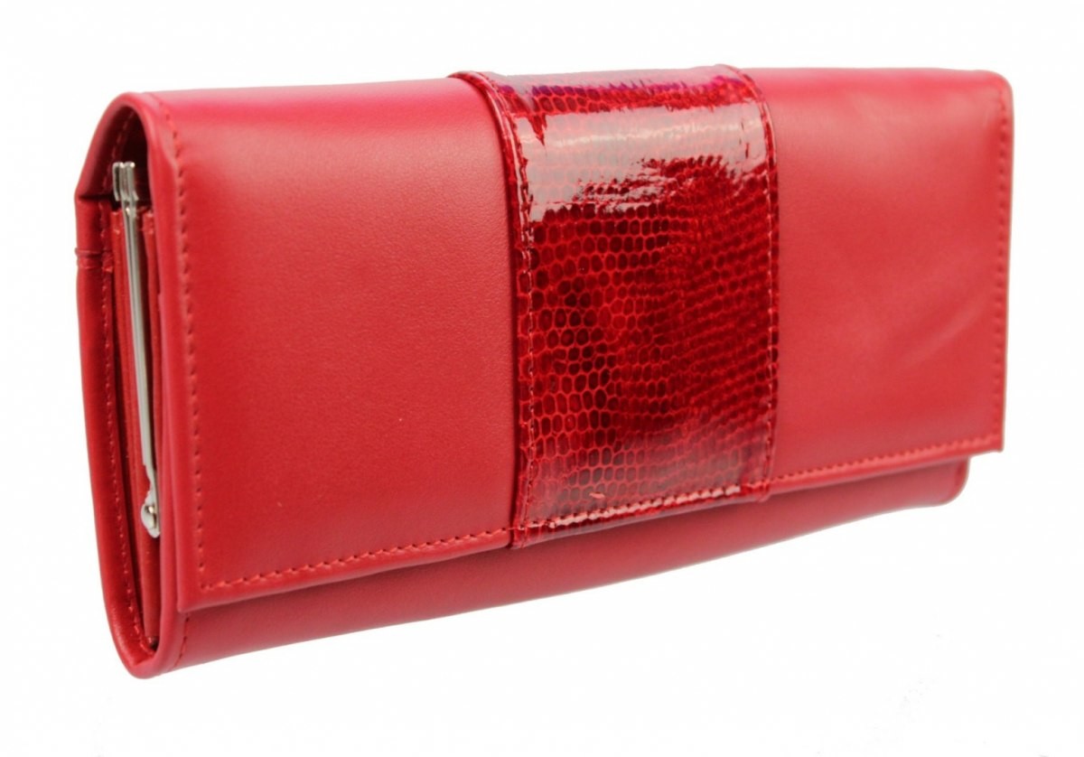 PolskaGalanteria.pl Portfel Damski PolskaGalanteria Z Wstawką Długi Max z Klamrą Skóra Naturalna CZERWONY WZÓR III KP D18-WST