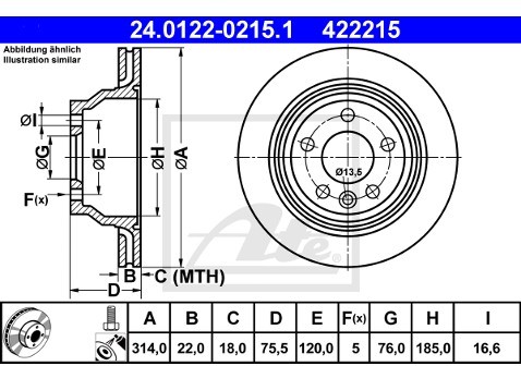 ATE TARCZA HAM 24.0122-0215.1 VW MULTIVAN T5 2.0, 2.5TDI 03-, 3.2 V6 04-, 1.9TDI 06-, TOUAREG 3.2 V6 02-06  24.0122-0215.1
