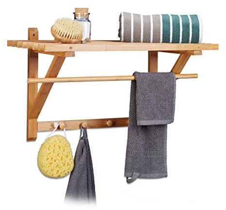 Relaxdays garderoba ścienna, z półką, wieszakami na ubrania i drążkiem na ręczniki, przybliżone wymiary 35 × 60 × 30 cm, do łazienki, z bambusa, kolor naturalny 10017155