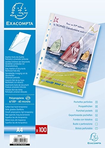 Exacompta 5800e Prospekthüllen opakowania, 100 sztuk, otwarta u góry i z boku, gładkie i z otworami z PP 60, DIN A4, 5800E