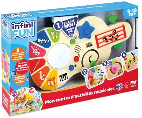 Infini Fun Infinite Fun-Mon Centre, i21503, drewniana elektroniczna zabawka aktywności, muzyczne budzenie budzik, 9 miesięcy i więcej, wersja francuska i21503