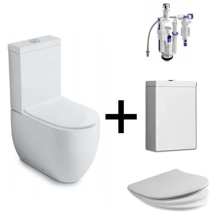 Kerasan Flo Zestaw Toaleta WC kompaktowa 60x36 cm + deska wolnoopadająca + spłuczka + mechanizm spłukujący biały/chrom 311701+319101+318101+750990
