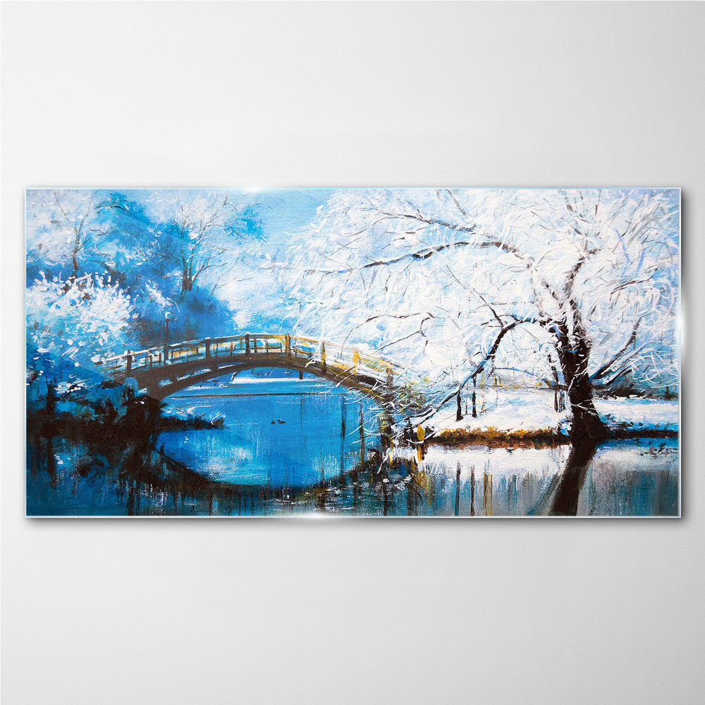 PL Coloray Obraz na Szkle zima rzeka drzewa most 120x60cm