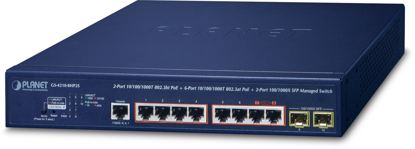 Planet IPv6/IPv4, 2-Port Zarządzany Obsługa PoE Niebieski GS-4210-8HP2S