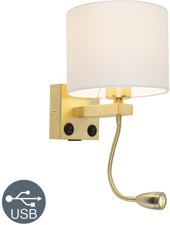 QAZQA Kinkiet złoty USB klosz biały - Brescia Combi