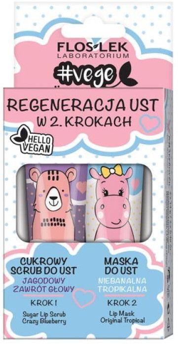 Flos-Lek Vege Lip Care zestaw regeneracja ust w 2 krokach scrub jagodowy zawrót głowy + maska do ust niebanalna tropikalna 2x14g 94827-uniw