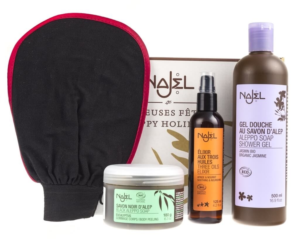 ALEPPO Najel Najel zestaw upominkowy - rytuał hammam / żel pod prysznic 500ml + olejek do masażu 125ml + savon noir + rękawica