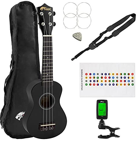 TIGER Tiger Zestaw ukulele sopranowe - pakiety dla początkujących (czarne) tuner Inc, Sling, filcowa kostka i torba, UKEKIT UKEKIT-BK
