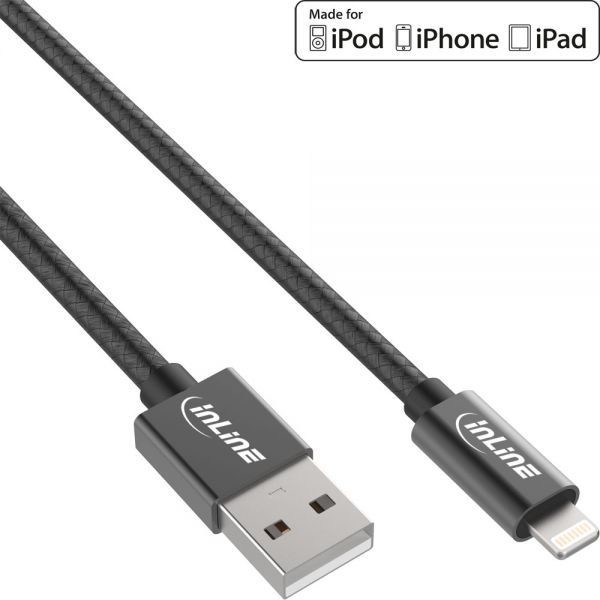 InLine 31411b Lightning kabel USB do Apple iPad, iPhone, iPod/aluminiowa, 1 m Czarny 31411B