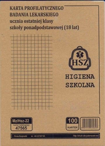 Firma krajewski Karta profilaktycznego badania lekarskiego ucznia ostatniej klasy szkoły ponadpodstawowej / 18 lat [Mz/Hsz-22] Mz/Hsz-22