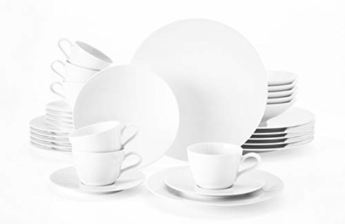 Seltmann Weiden 001.737480 biały serwis obiadowy 30-częściowy | Seria Life Set zawiera po 6 talerzy obiadowych, talerzy do zupy, talerzy śniadaniowych, filiżanek do kawy i spodków, porcelany twardej