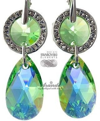 Swarovski ozdobne długie kolczyki PERIDOT SREBRO