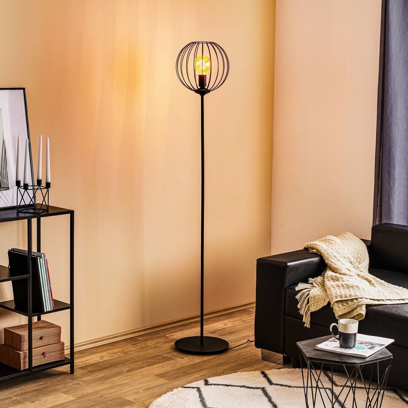 Euluna Lampa stojąca Cumera czarna z klatkowym kloszem