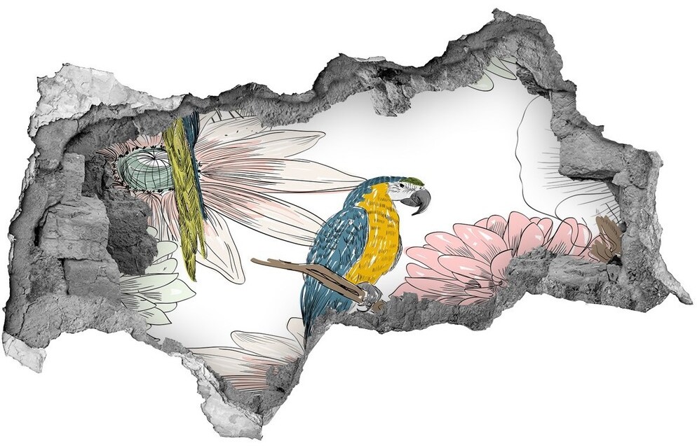 Wallmuralia.pl Dziura 3d fototapeta naklejka Papugi i kwiaty