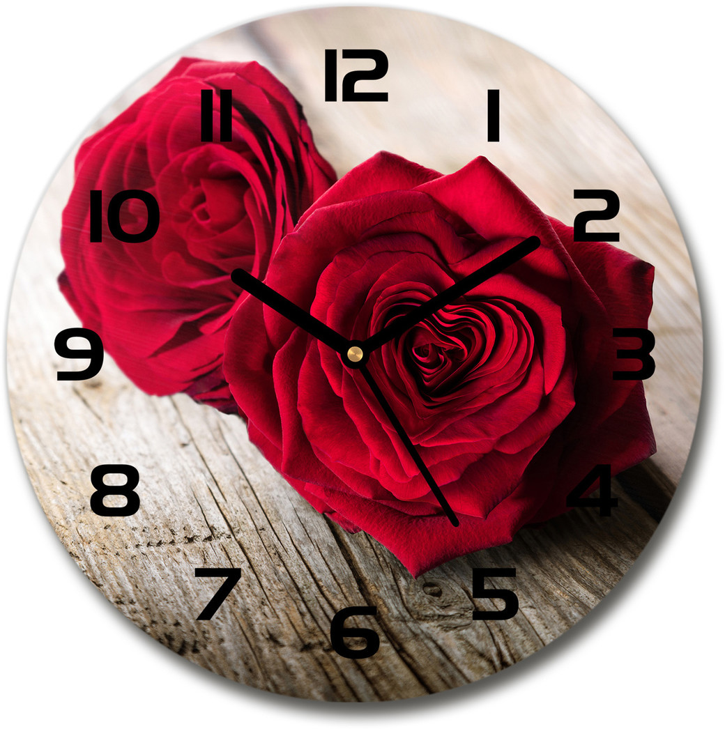 Zegar szklany okrągły Róże na drewnie