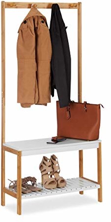 Relaxdays wieszak na ubrania z regałem na buty, 4 wieszaki na ubrania, z półką, bambus i MDF, wys. x szer. x gł. 150 x 70,5 x 30 cm, naturalny biały