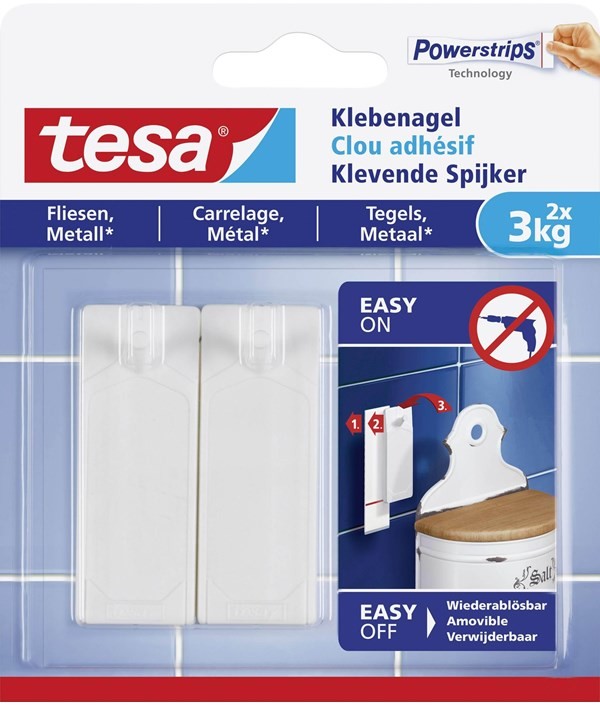 Tesa Adhesive Nail for Tiles & Metal 3kg 2 Hooks + 3 Strips 77763-00000-00