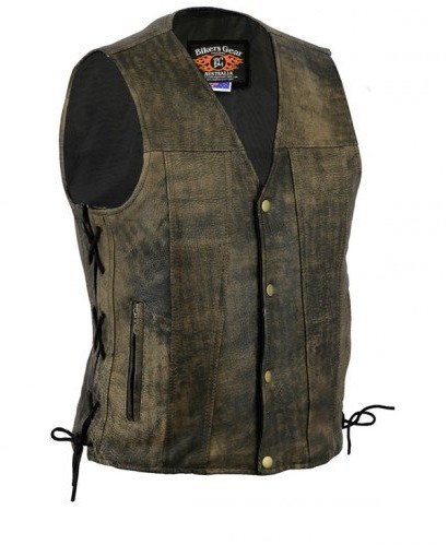 Bikers Gear Australia Bikers Gear Australia Premium 1,3 mm miękka skóra bydlęca harley styl kamizelka z regulowanymi koronkowymi bokami i kieszeniami, postarzany brąz, rozmiar M LV070BRM