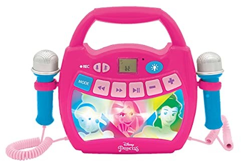 Lexibook Księżniczki Disneya - przenośny odtwarzacz cyfrowy karaoke dla dzieci - mikrofony, efekty świetlne, Bluetooth, funkcje nagrywania i zmiany głosu, akumulator, różowy, MP320DPZ MP320DPZ
